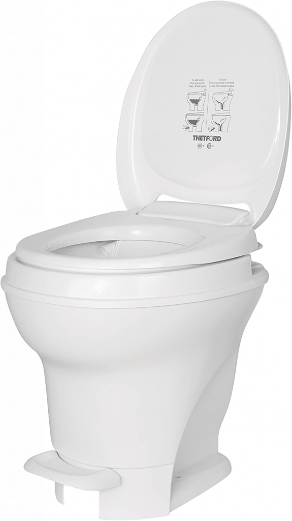 Picture of an Aqua-Magic V RV toilet as a skoolie bathroom option. 