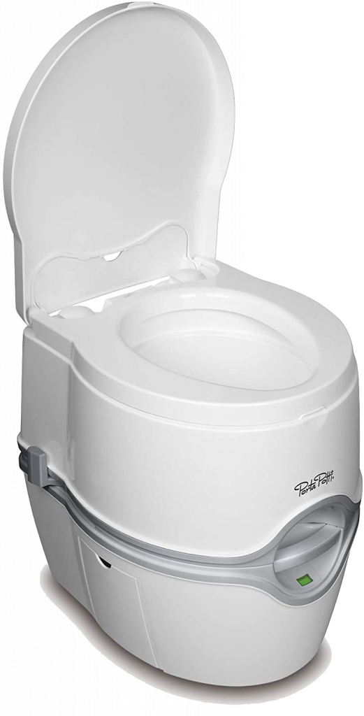 Picture of a Thetford Porta Potti portable toilet as a skoolie bathroom option. 