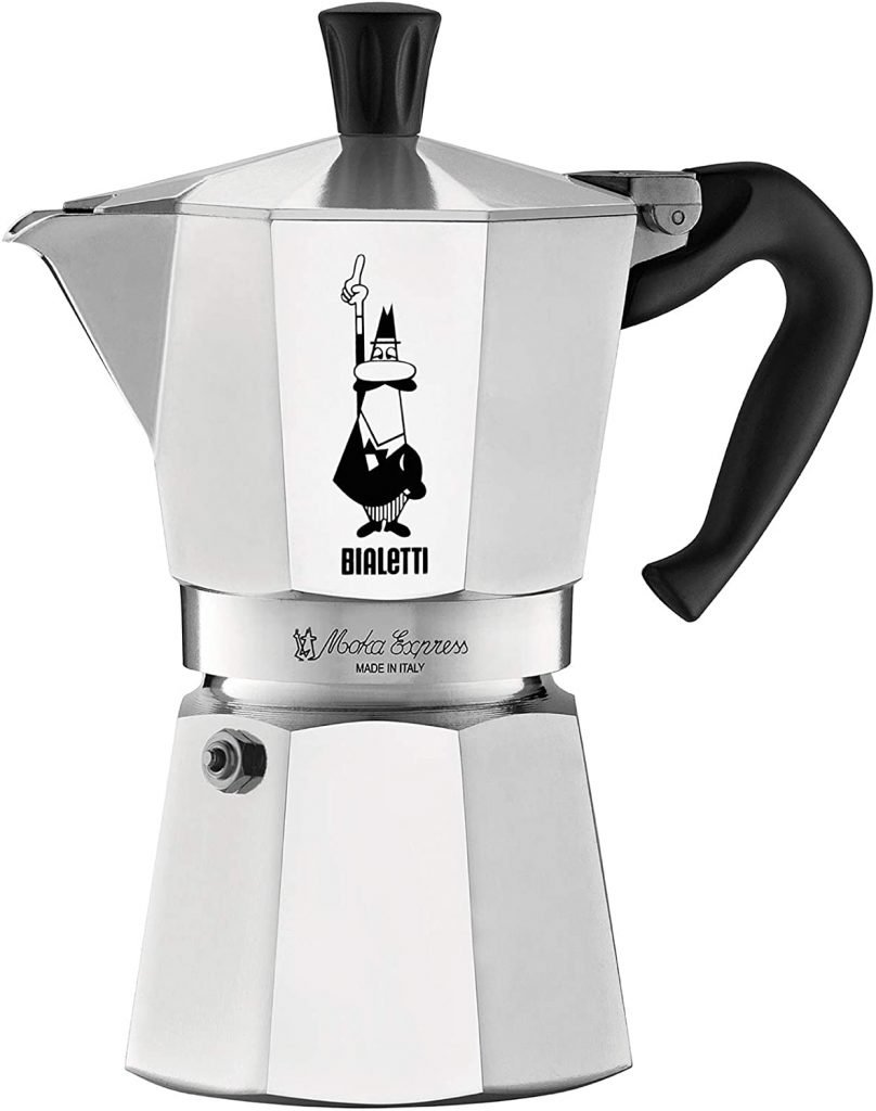 Photo of a silver Bialetti Moka Pot for stovetop or campstove coffee. 