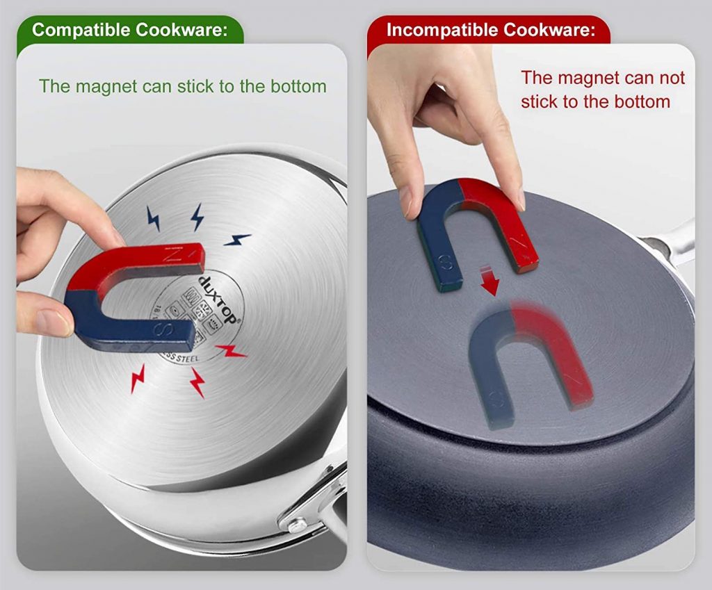Image showing how to use a magnet to test for compatible cookware. Compatible cookware will result in the magnet sticking to the bottom of the pan. Incompatible cookware will not cause the magnet to stick. 