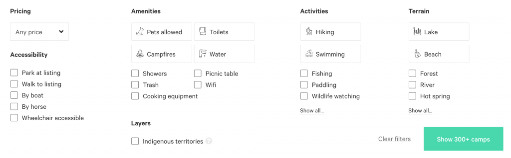 A view of more Hipcamp filters that allow you to filter by accessobility, amenities, pricing, activities, and terrain. 