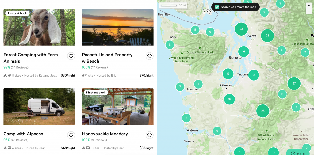 A view of Hipcamp's website showing RV- and skoolie-friendly rental locations. 