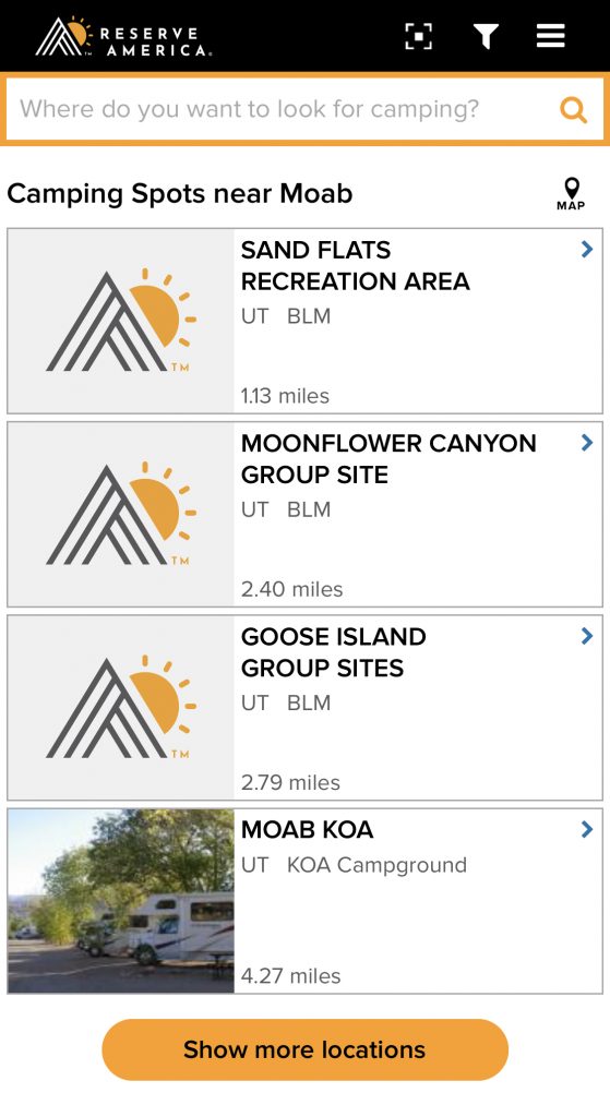 A view of the Reserve America camping app, showing camping spots near Moab. 