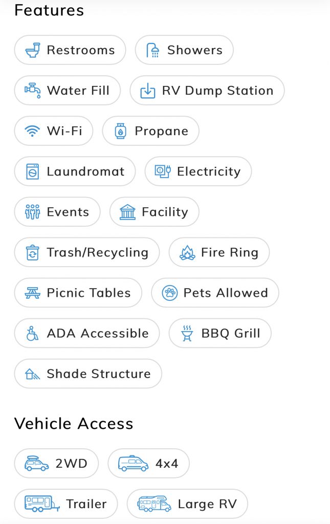 Filters within the Sēkr app that let you search for various features and also vehicle size. 