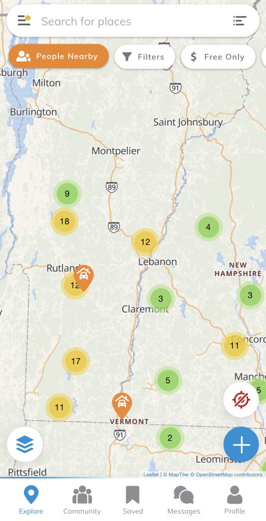 A view of the Sēkr app, showing skoolie and vanlife friendly camping locations in a given area. 