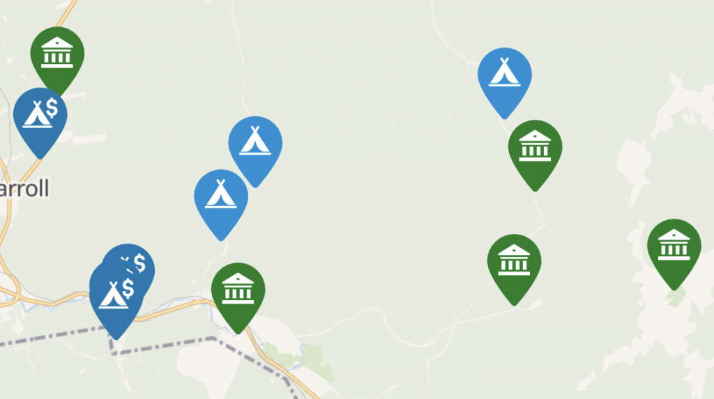 A screenshot from Sēkr, showing free and paid camping areas. The free areas are usually boondocking sites. 